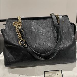 Black leather GUCCI chain handle tote bag